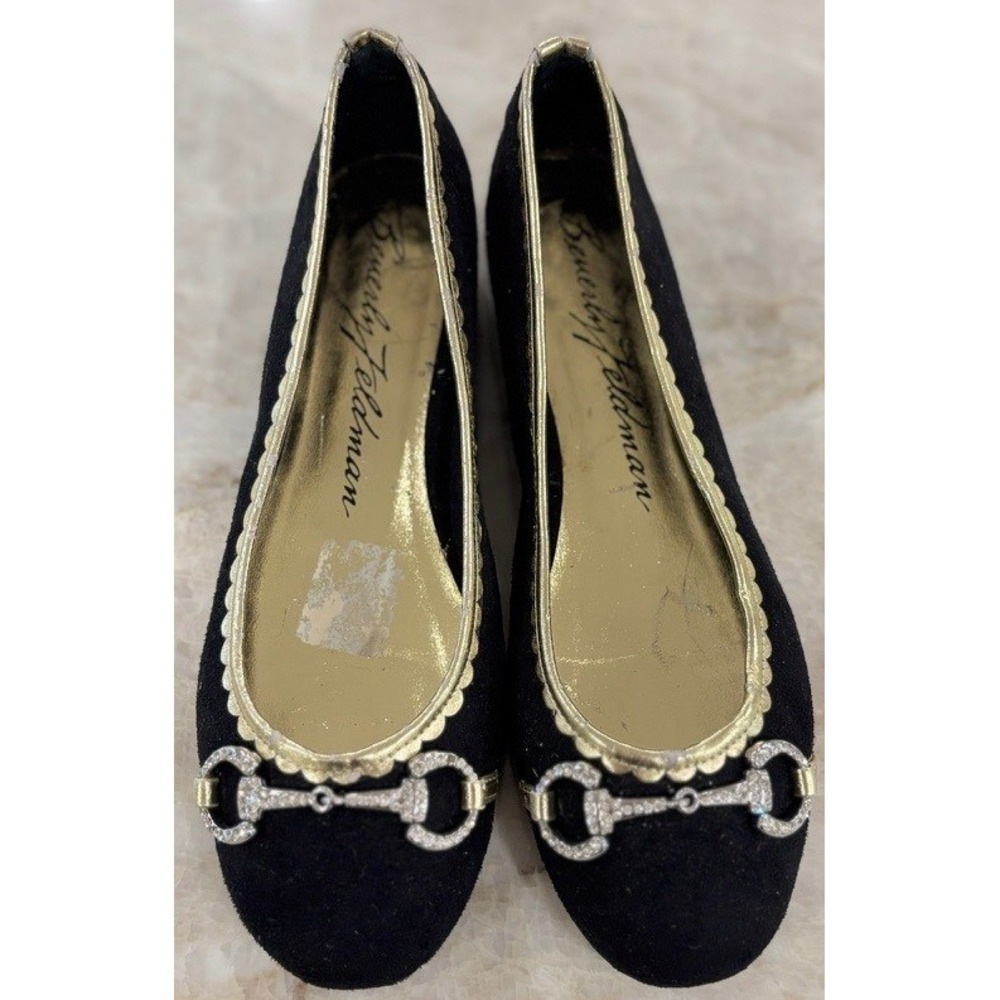 Beverly Feldman Black Suede Ballet Flats Gold Trim Horsebit Size 7M
